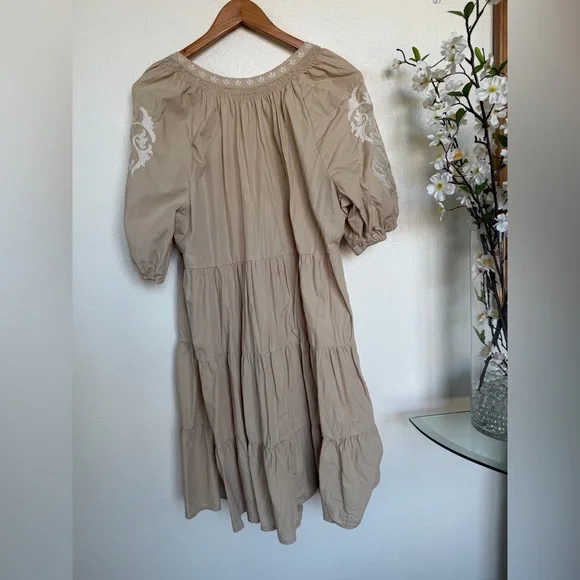 Crown & Ivy Tan Embroidered Puff-Sleeve Tiered Midi Dress - Picture 3 of 5